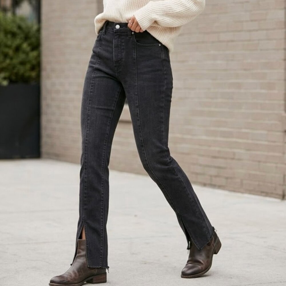 Abercrombie Curve Love High Rise Skinny Jeans 4/27S Black Front Seam Split Hem